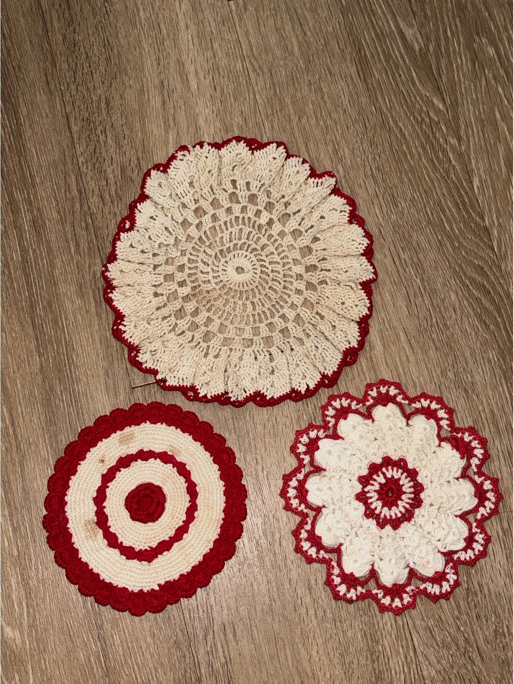 Vintage Red & White Handmade Crochet Doilies Lot of 3 D185